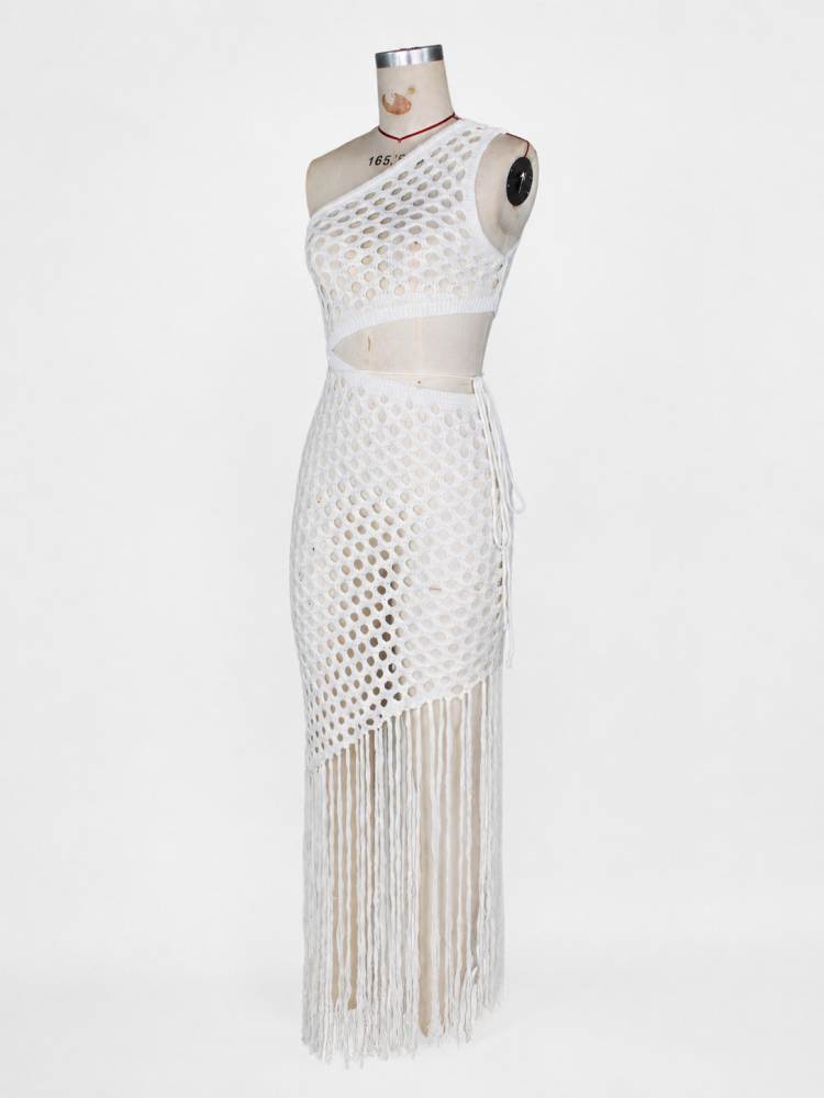 Knitted One Shoulder Tassel Maxi Dress