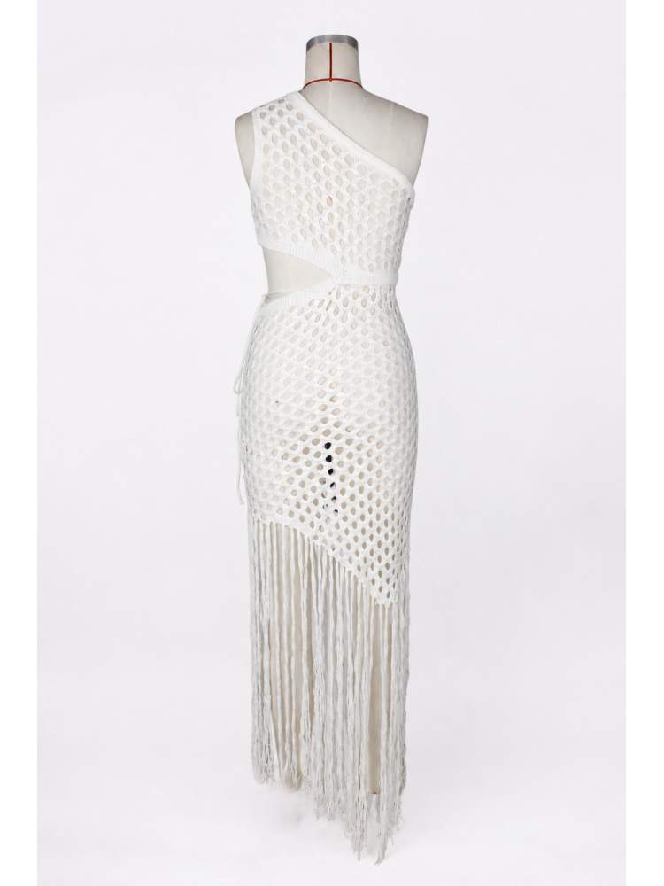 Knitted One Shoulder Tassel Maxi Dress