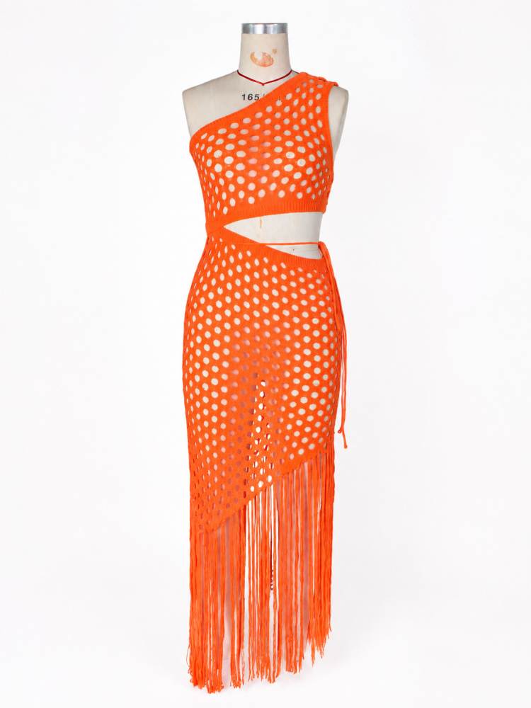 Knitted One Shoulder Tassel Maxi Dress