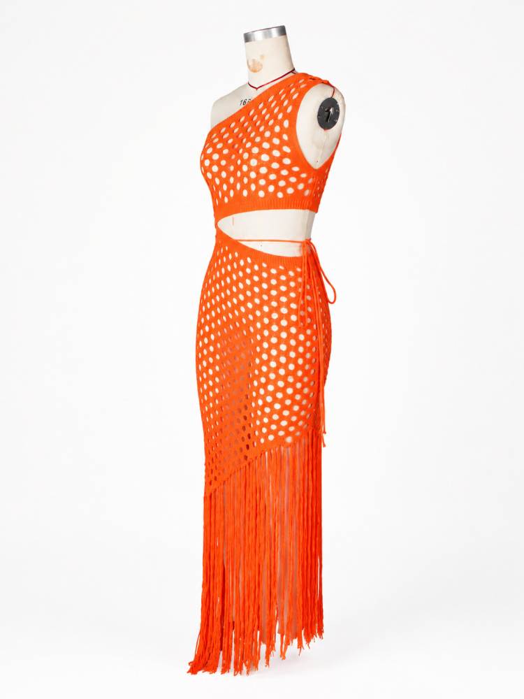 Knitted One Shoulder Tassel Maxi Dress
