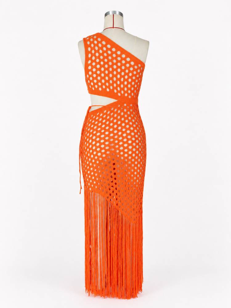 Knitted One Shoulder Tassel Maxi Dress