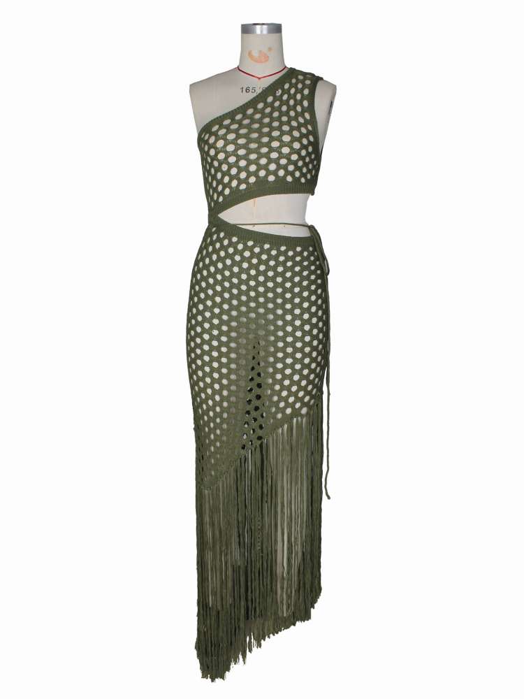 Knitted One Shoulder Tassel Maxi Dress