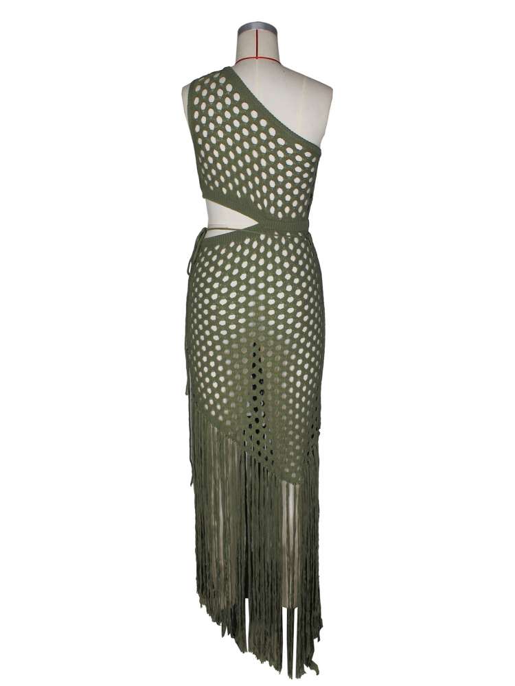 Knitted One Shoulder Tassel Maxi Dress