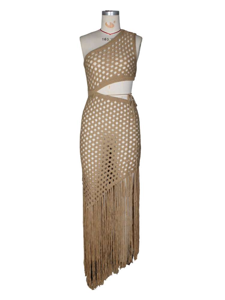 Knitted One Shoulder Tassel Maxi Dress