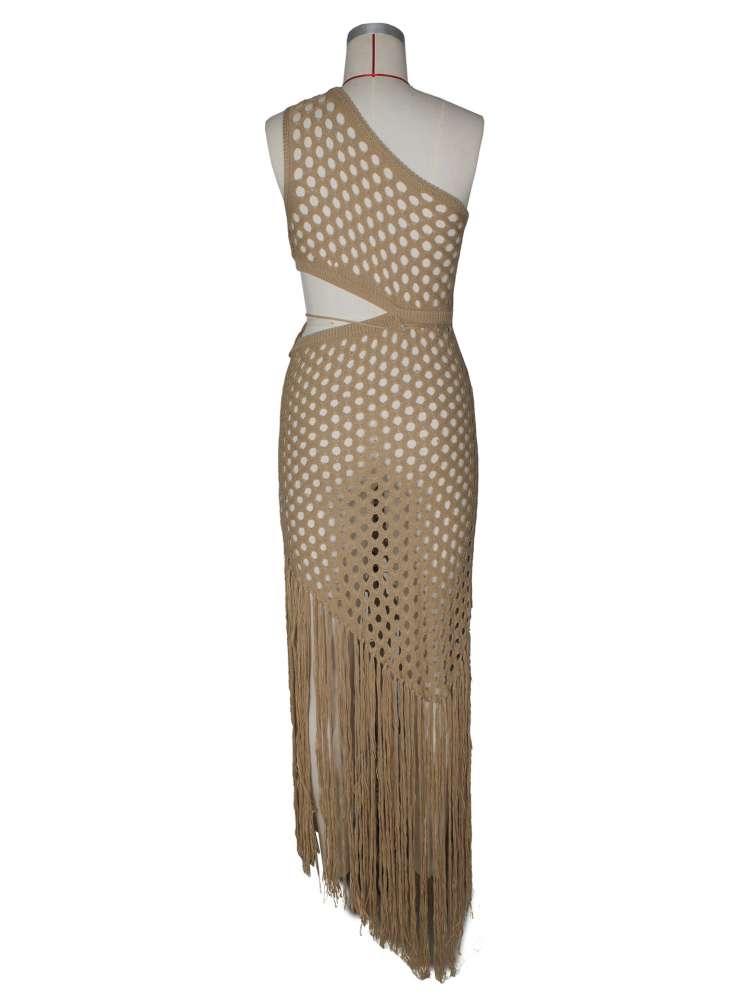 Knitted One Shoulder Tassel Maxi Dress