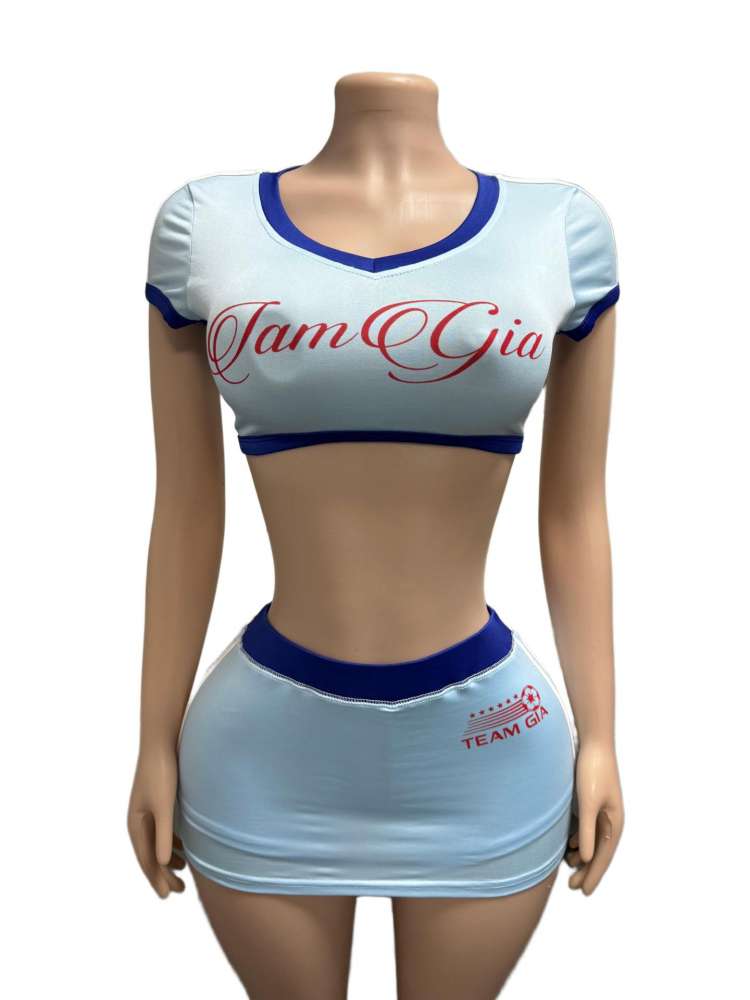 Contrast V Neck Cropped Jerseys Skirt Sets