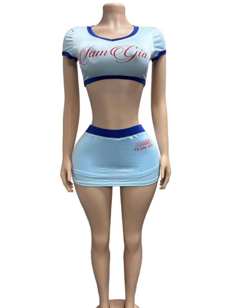 Contrast V Neck Cropped Jerseys Skirt Sets