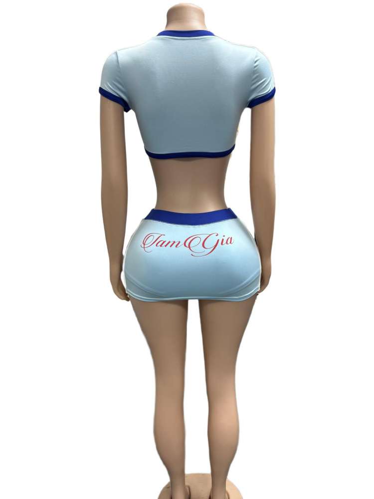 Contrast V Neck Cropped Jerseys Skirt Sets