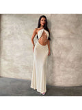 Faux Pearl Halter Backless Maxi Dress