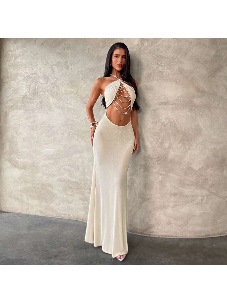 Faux Pearl Halter Backless Maxi Dress