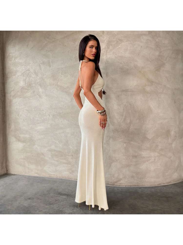 Faux Pearl Halter Backless Maxi Dress
