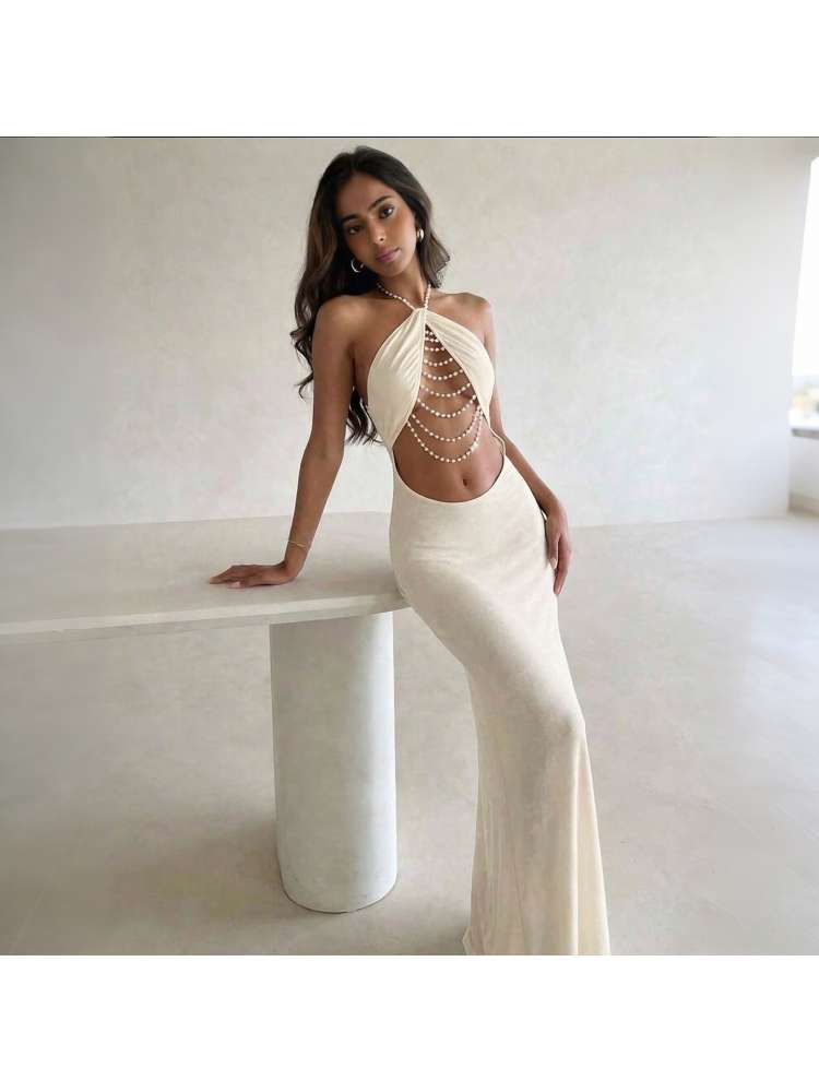 Faux Pearl Halter Backless Maxi Dress