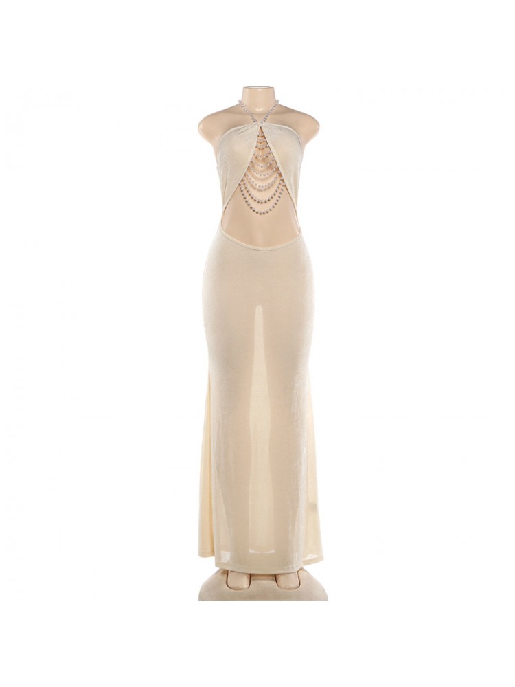 Faux Pearl Halter Backless Maxi Dress