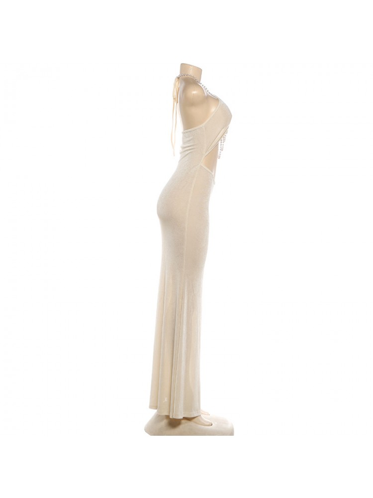 Faux Pearl Halter Backless Maxi Dress