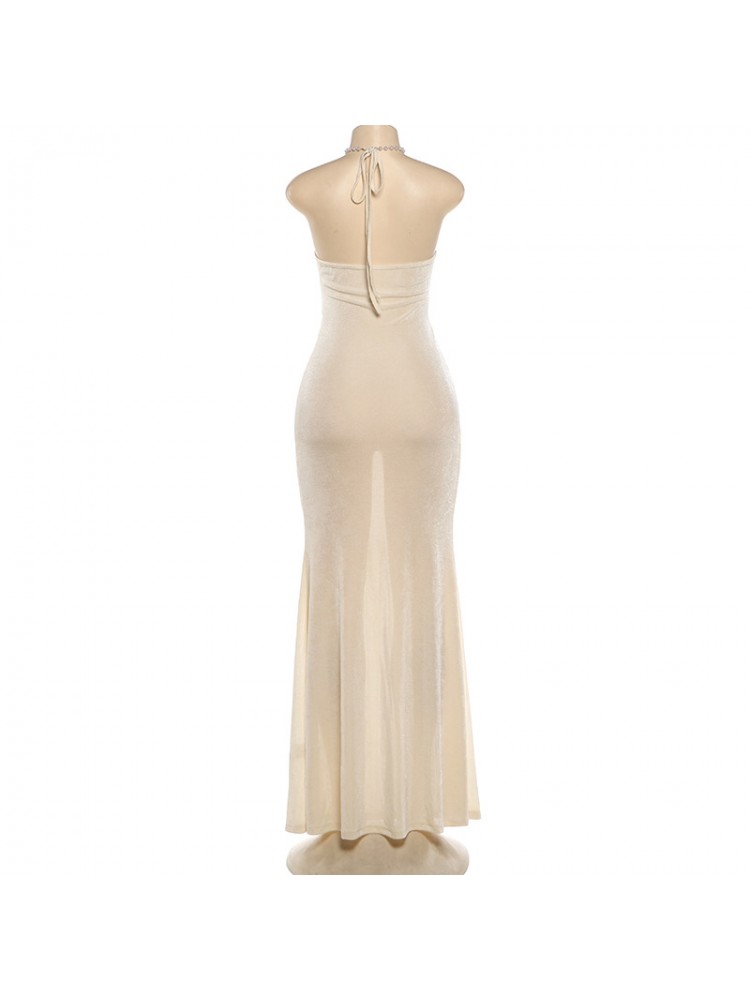 Faux Pearl Halter Backless Maxi Dress