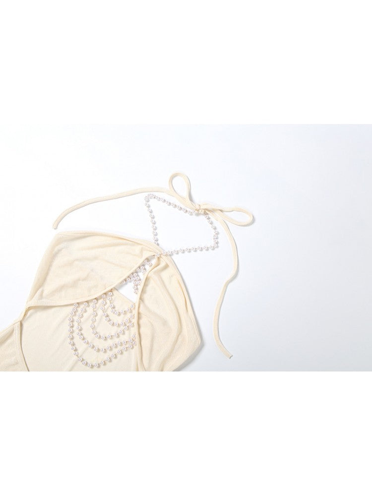 Faux Pearl Halter Backless Maxi Dress