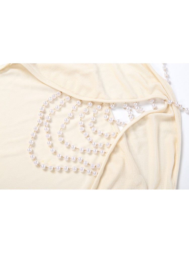 Faux Pearl Halter Backless Maxi Dress