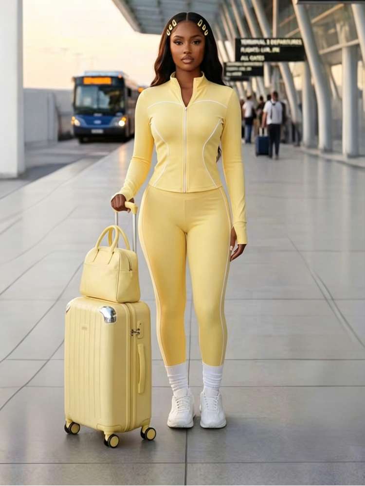 Striped Trim Zipper Coats Bodycon Pant Sets