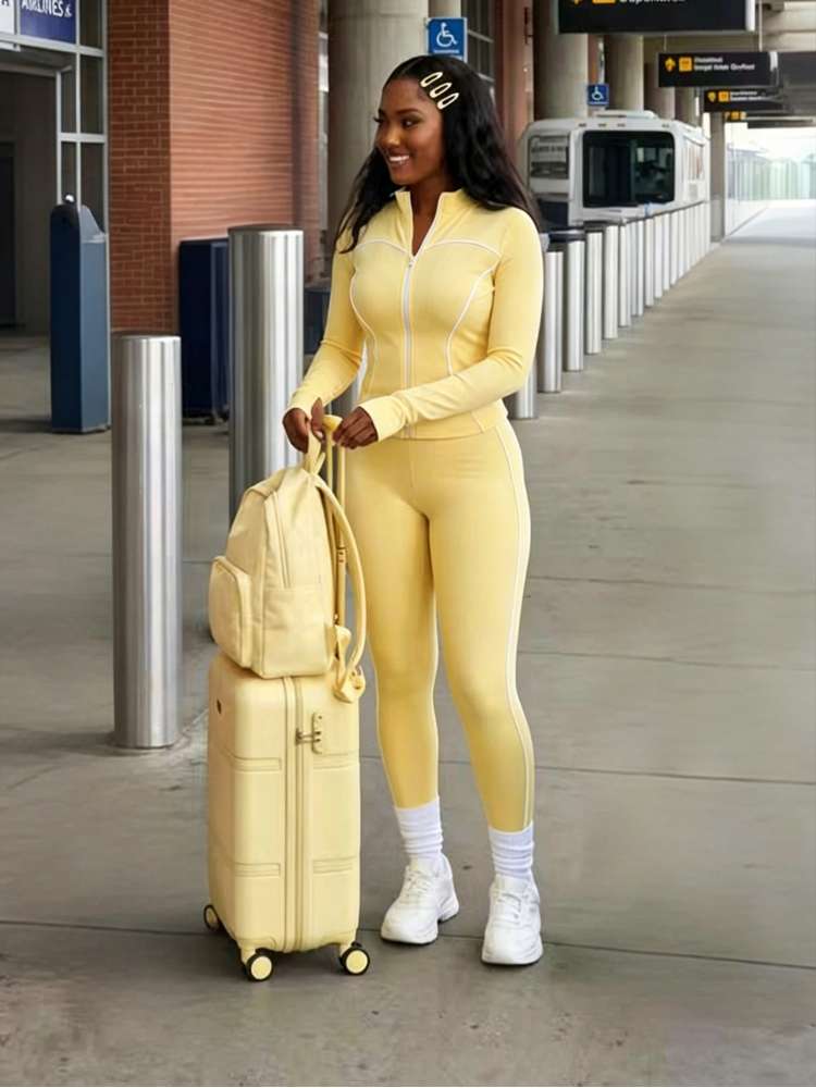 Striped Trim Zipper Coats Bodycon Pant Sets