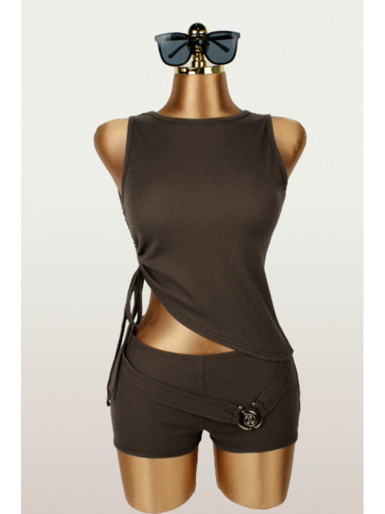Drawstring Cropped Metal Decor Short Sets