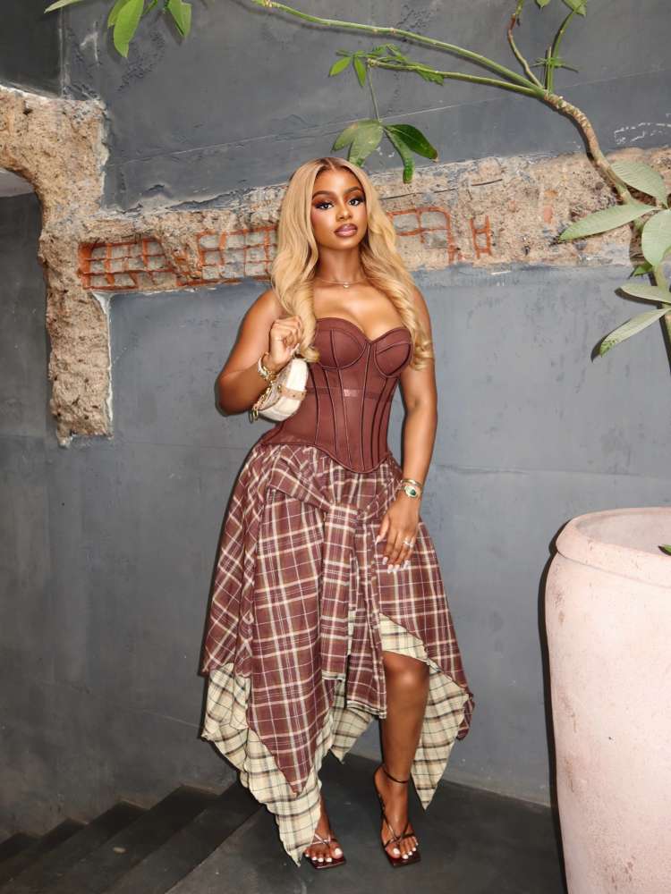 Sheer Corset Irregular Plaid Skirt Sets