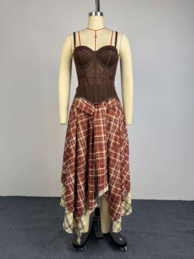 Sheer Corset Irregular Plaid Skirt Sets