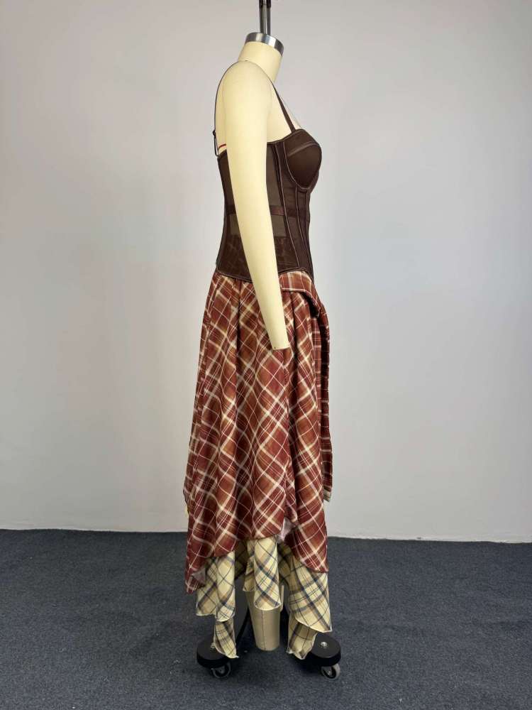 Sheer Corset Irregular Plaid Skirt Sets