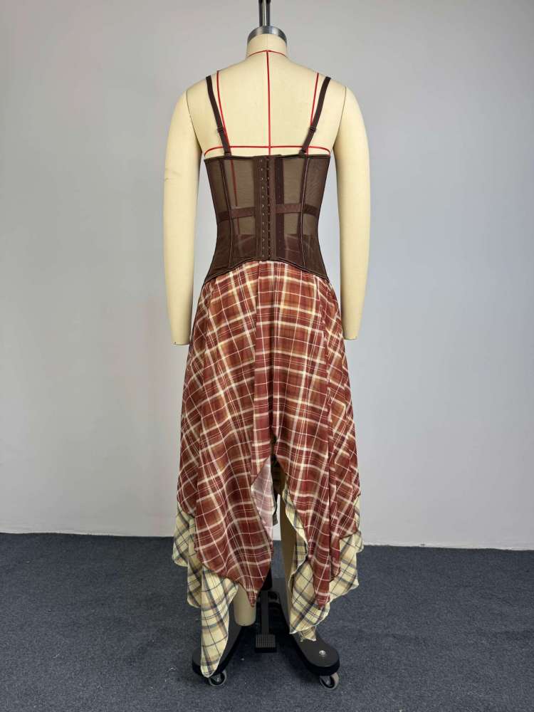 Sheer Corset Irregular Plaid Skirt Sets