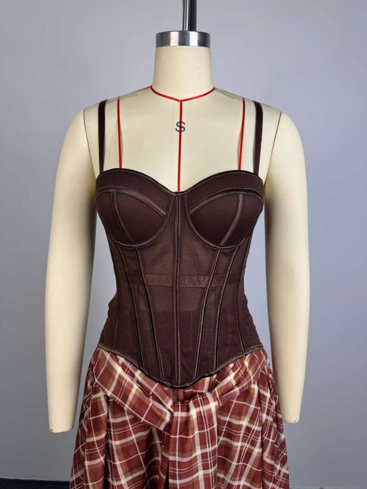 Sheer Corset Irregular Plaid Skirt Sets