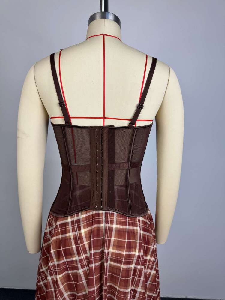 Sheer Corset Irregular Plaid Skirt Sets