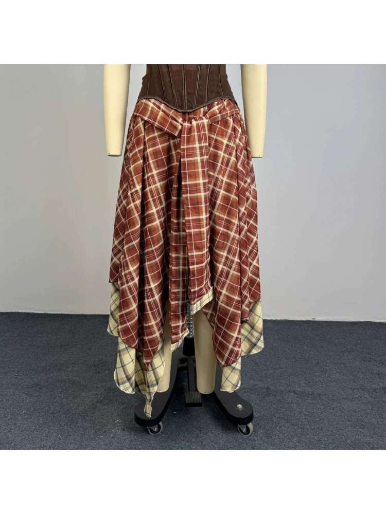 Sheer Corset Irregular Plaid Skirt Sets