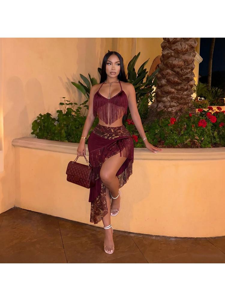 Asymmetrical Fringe Halter Lace-Up Skirt Sets