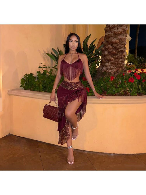 Asymmetrical Fringe Halter Lace-Up Skirt Sets