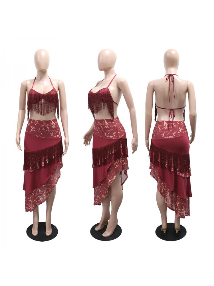 Asymmetrical Fringe Halter Lace-Up Skirt Sets