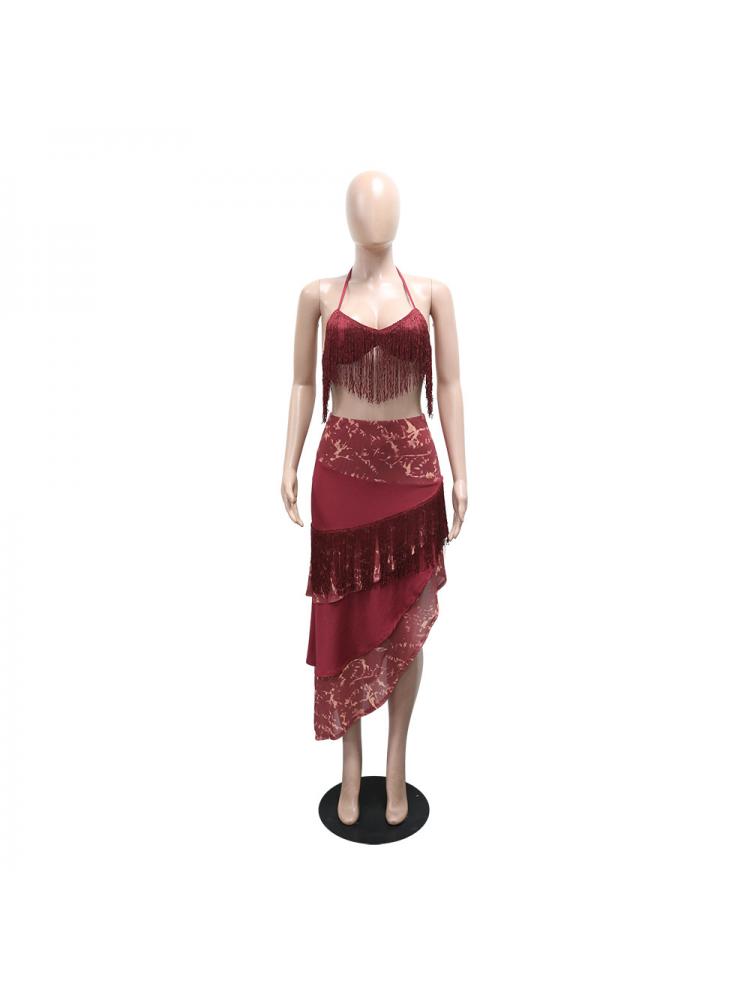 Asymmetrical Fringe Halter Lace-Up Skirt Sets