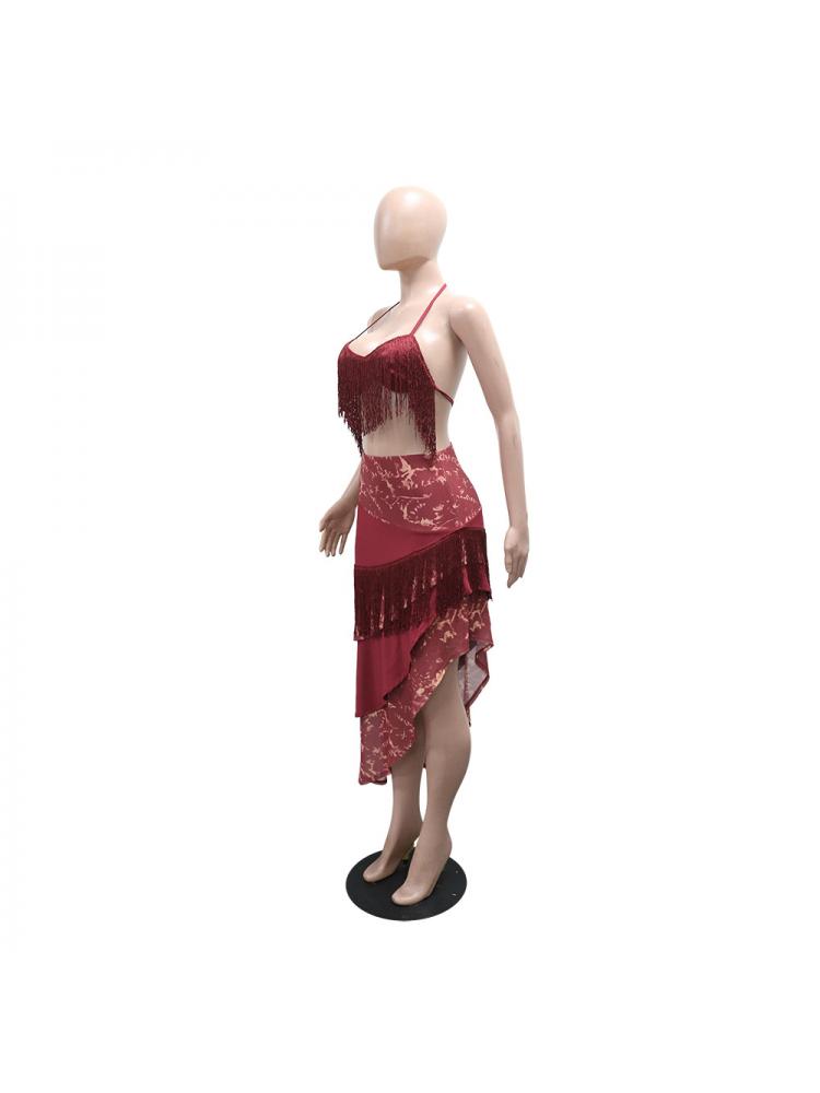 Asymmetrical Fringe Halter Lace-Up Skirt Sets