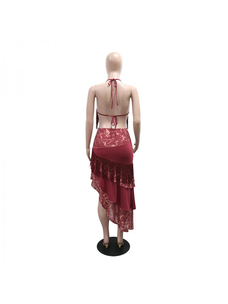 Asymmetrical Fringe Halter Lace-Up Skirt Sets