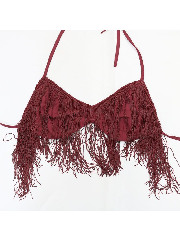 Asymmetrical Fringe Halter Lace-Up Skirt Sets