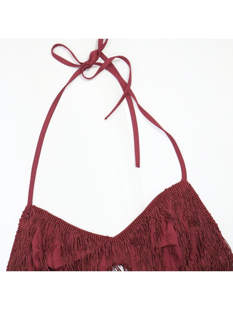 Asymmetrical Fringe Halter Lace-Up Skirt Sets