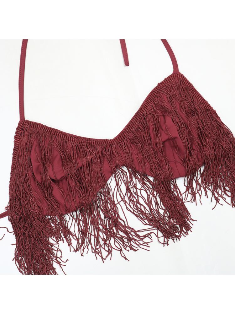 Asymmetrical Fringe Halter Lace-Up Skirt Sets
